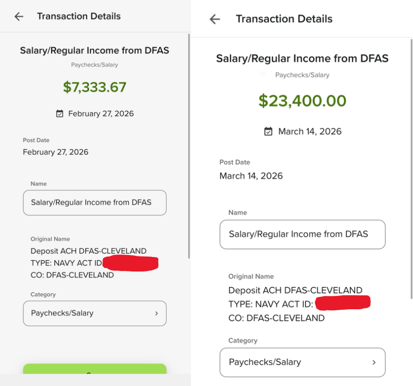 Seth Dabols NUPOC pay screenshots — first paycheck with backpay and signing bonus from DFAS